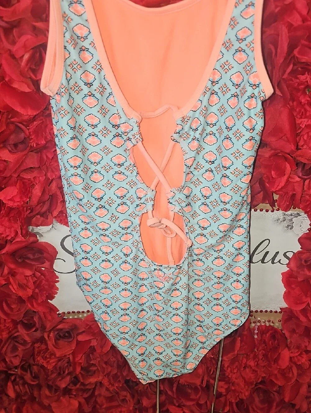 Justice Girls Coral and Light Blue Medallion One-Piece Bodysuit Size 14